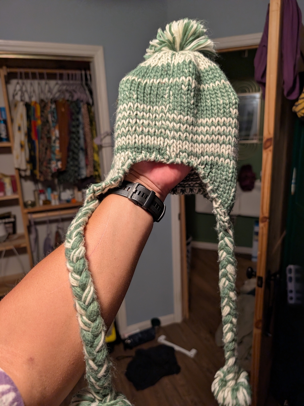 Hand-Knit Green and Cream Pom Pom Earflap Beanie - Women Accessories